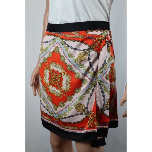Forever 21 Women's orange/Gold Chain Print Mini Skirt Size L‎ Polyester Back Zip - Picture 1 of 12
